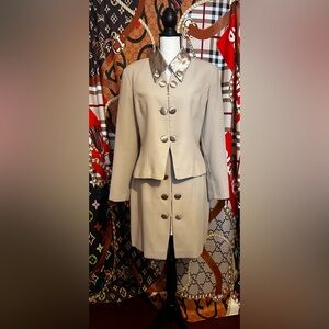 Elegant Taupe Skirt Suit Set with Satin Trim